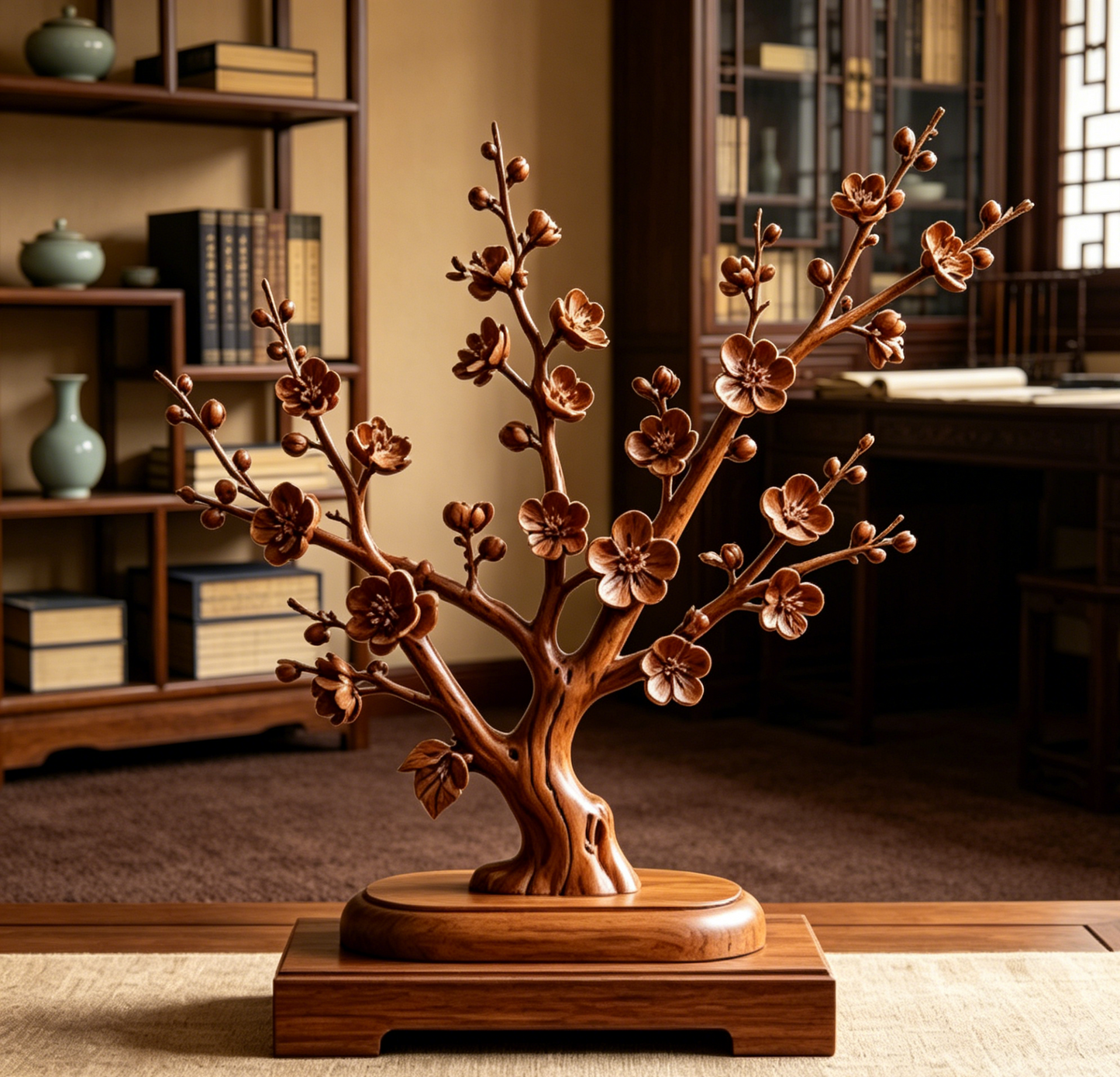 Solid Wood Plum Blossom Sculpture Ornament - Hand-Carved Wooden Plum Tree Home Decor Craft