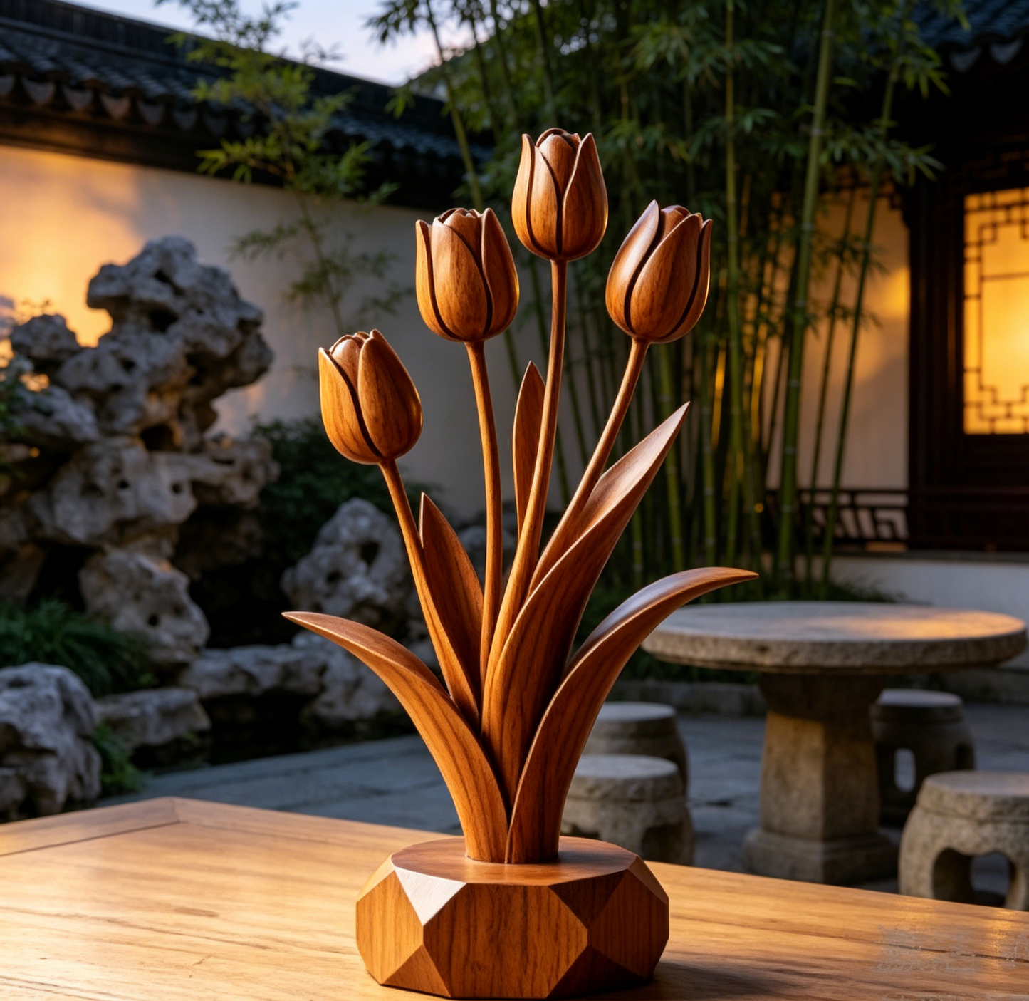 Hand-Carved Solid Wood Tulip Ornament – Natural Timber Floral Tabletop Home Decor