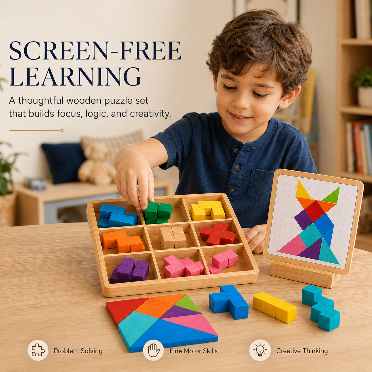 Wellssgreen Wooden Geometric Puzzle Set – Colorful Pattern Building Toy for Kids