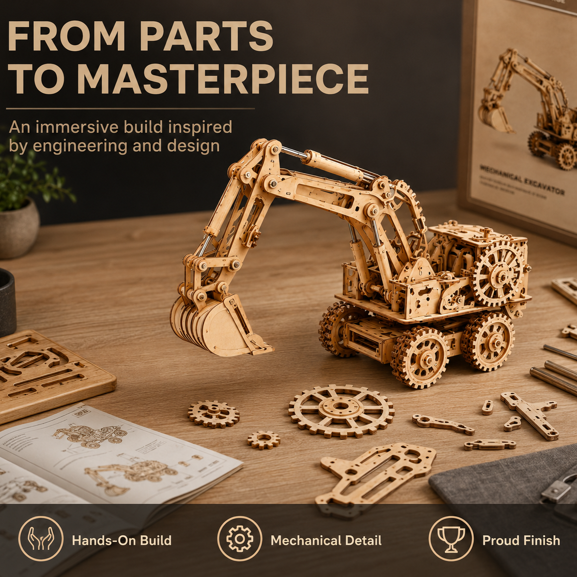 Wellssgreen Wooden Mechanical Excavator Model – DIY Construction & Display Kit