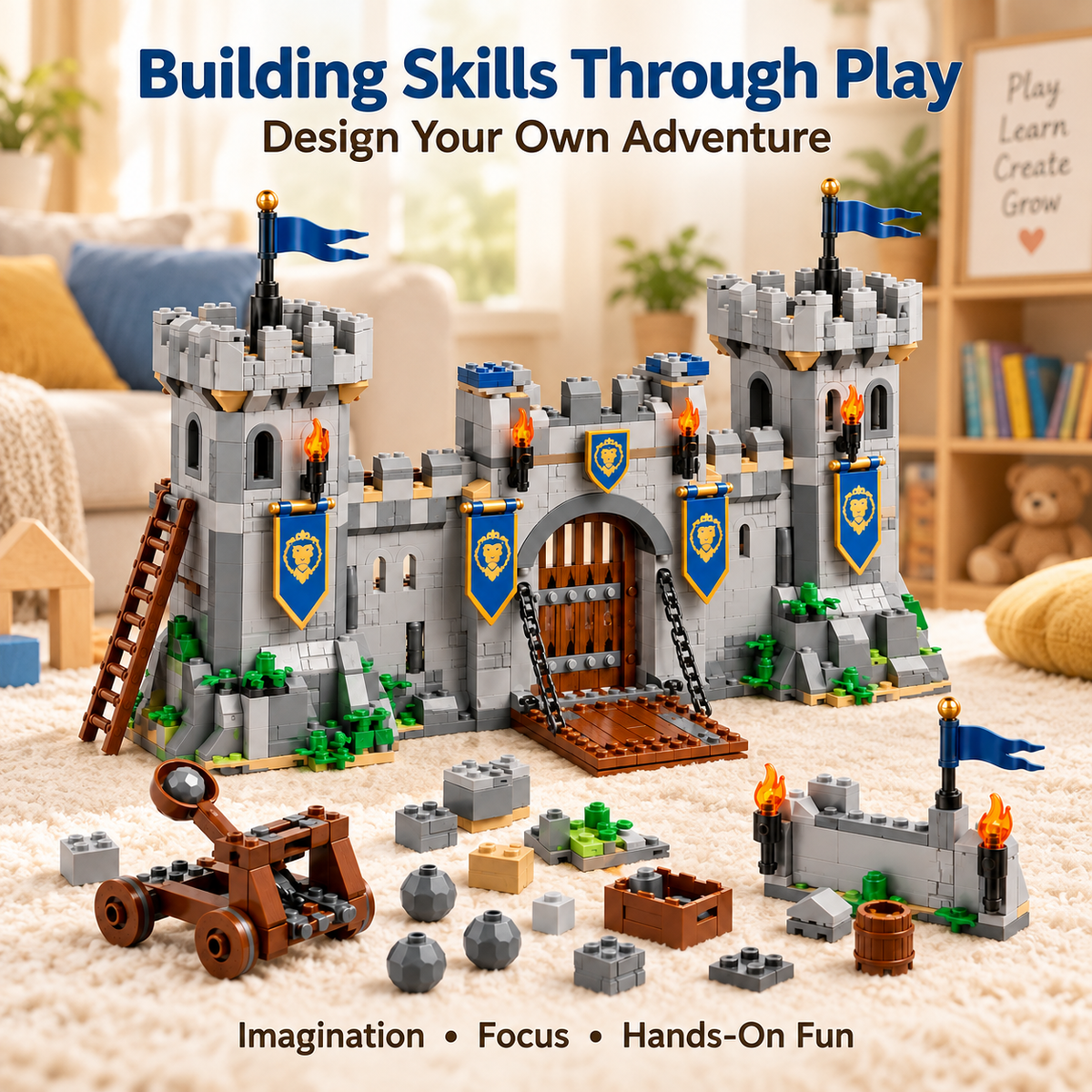 Wellssgreen Medieval Castle Building Set – Creative Construction Toy with Drawbridge and Catapult