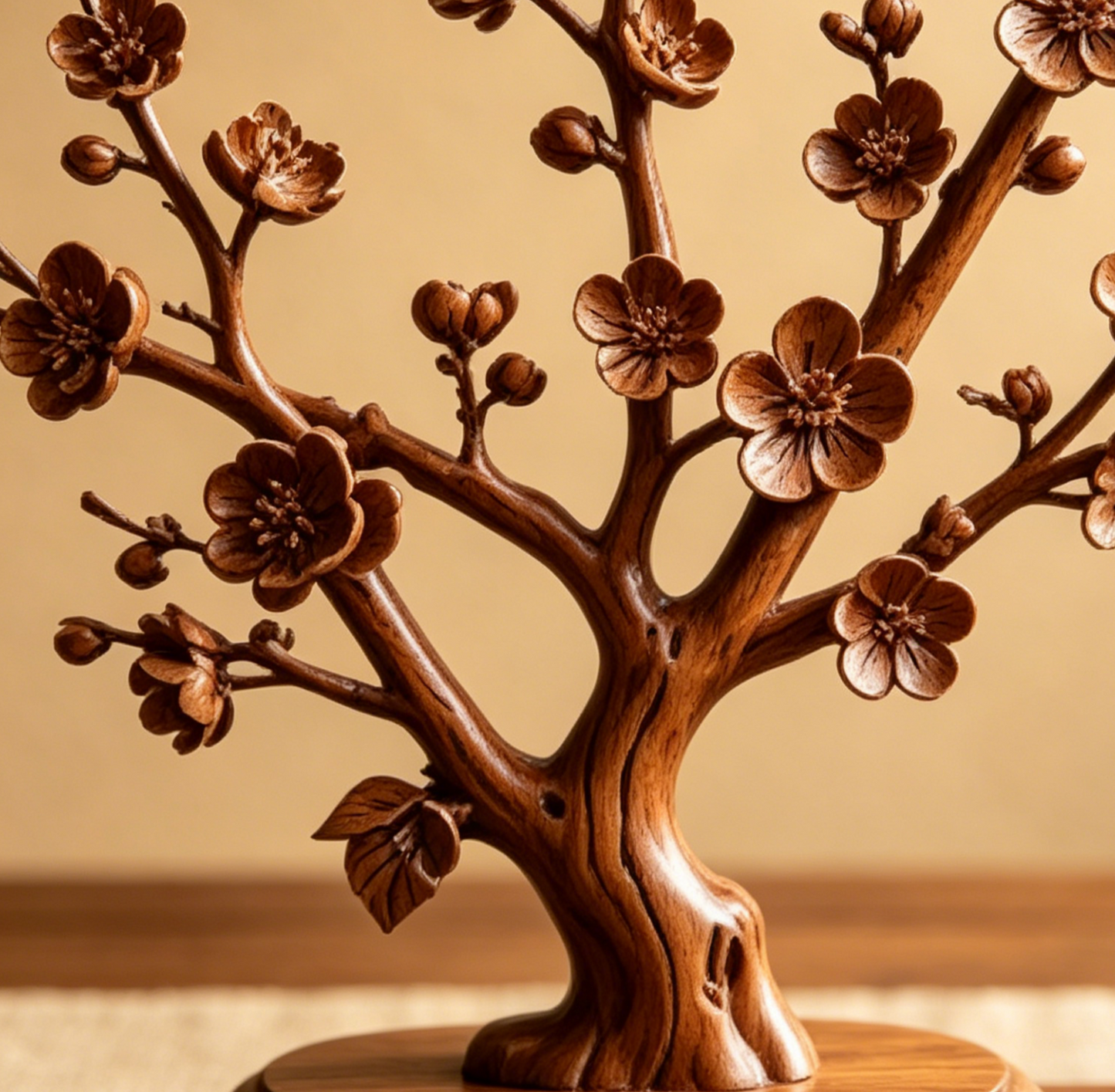 Solid Wood Plum Blossom Sculpture Ornament - Hand-Carved Wooden Plum Tree Home Decor Craft