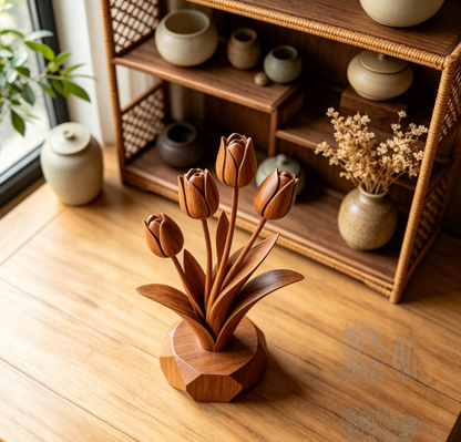 Hand-Carved Solid Wood Tulip Ornament – Natural Timber Floral Tabletop Home Decor