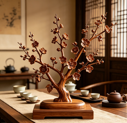 Solid Wood Plum Blossom Sculpture Ornament - Hand-Carved Wooden Plum Tree Home Decor Craft