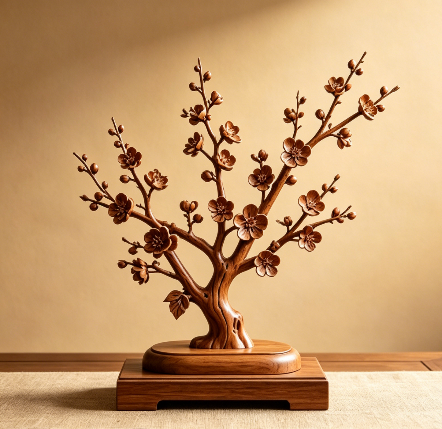 Solid Wood Plum Blossom Sculpture Ornament - Hand-Carved Wooden Plum Tree Home Decor Craft