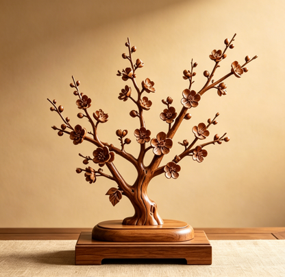 Solid Wood Plum Blossom Sculpture Ornament - Hand-Carved Wooden Plum Tree Home Decor Craft