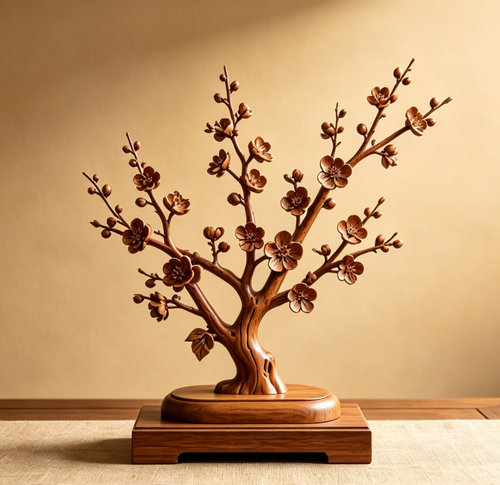 Solid Wood Plum Blossom Sculpture Ornament - Hand-Carved Wooden Plum Tree Home Decor Craft