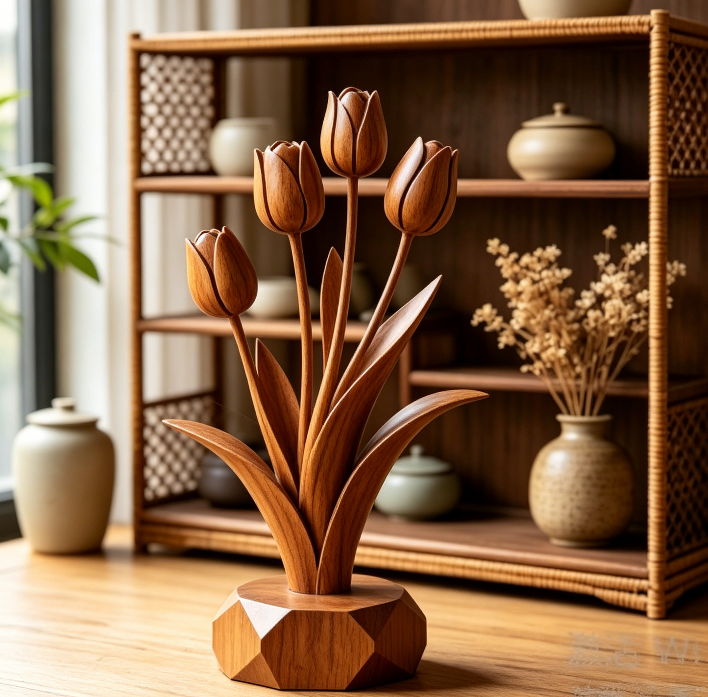 Hand-Carved Solid Wood Tulip Ornament – Natural Timber Floral Tabletop Home Decor