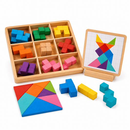 Wellssgreen Wooden Geometric Puzzle Set – Colorful Pattern Building Toy for Kids