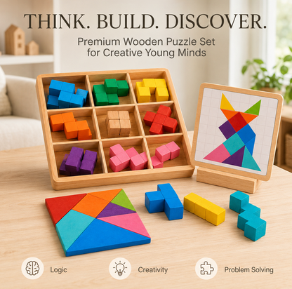 Wellssgreen Wooden Geometric Puzzle Set – Colorful Pattern Building Toy for Kids