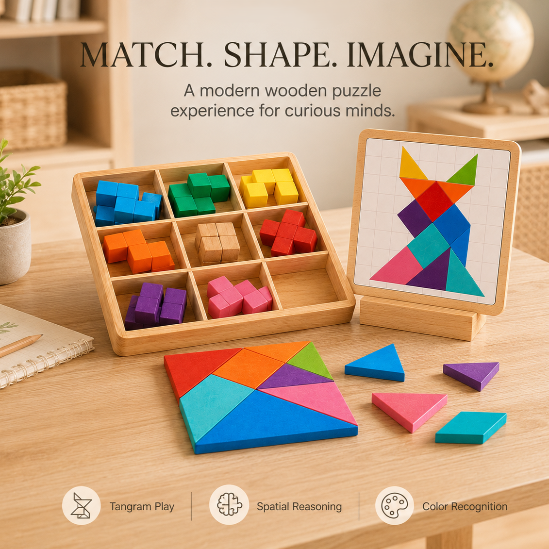 Wellssgreen Wooden Geometric Puzzle Set – Colorful Pattern Building Toy for Kids