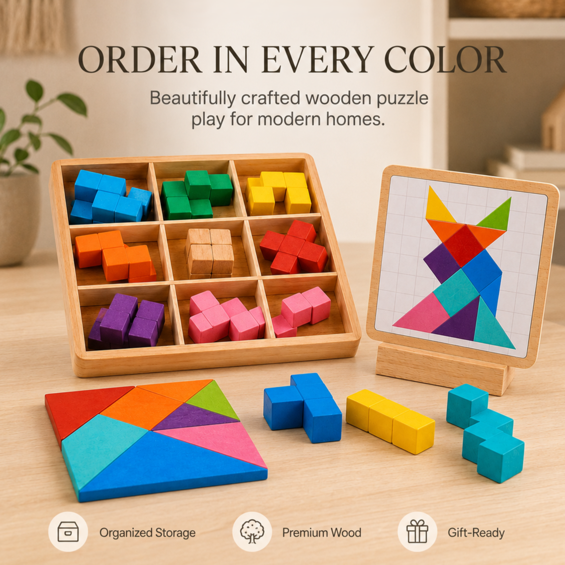 Wellssgreen Wooden Geometric Puzzle Set – Colorful Pattern Building Toy for Kids