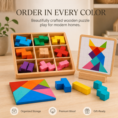 Wellssgreen Wooden Geometric Puzzle Set – Colorful Pattern Building Toy for Kids