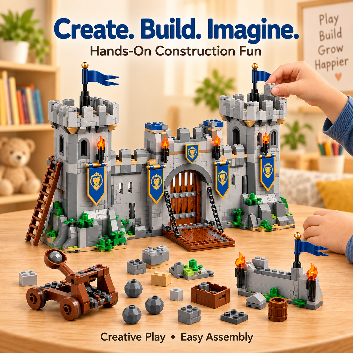 Wellssgreen Medieval Castle Building Set – Creative Construction Toy with Drawbridge and Catapult