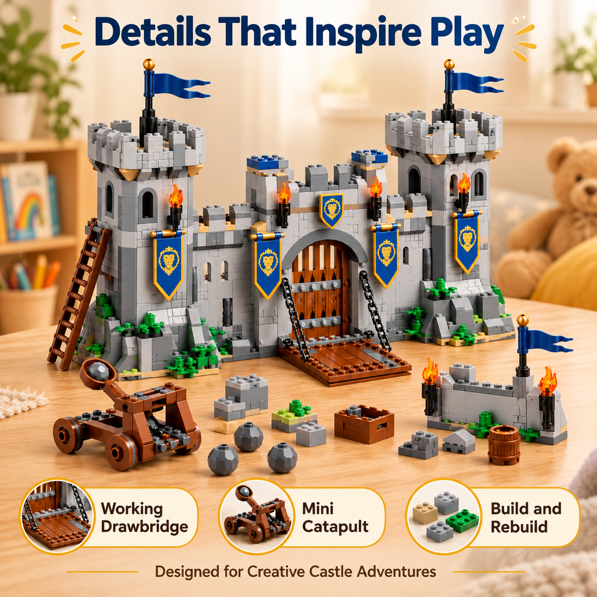 Wellssgreen Medieval Castle Building Set – Creative Construction Toy with Drawbridge and Catapult