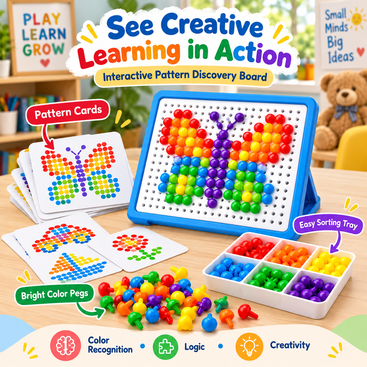 Wellssgreen Color Pattern Peg Board Puzzle – Creative STEM Learning Toy for Kids