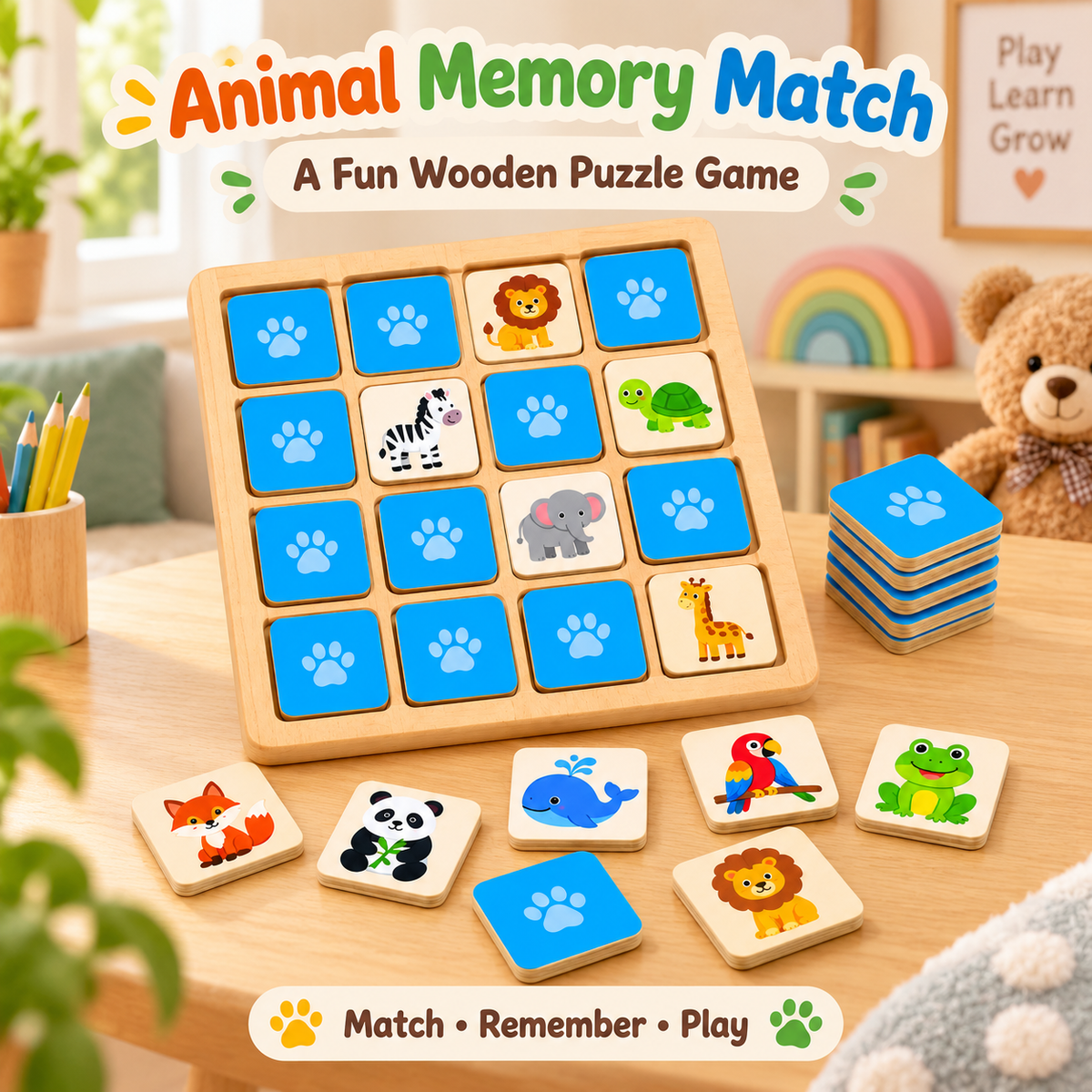 Wellssgreen Animal Memory Match Puzzle – Wooden Matching Game for Kids