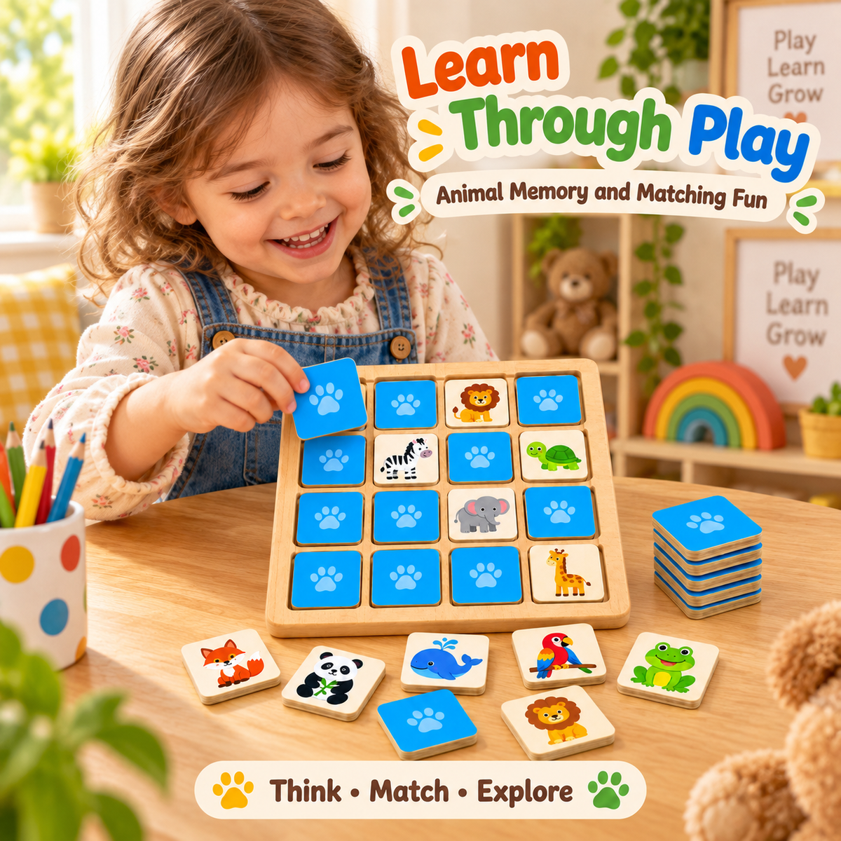 Wellssgreen Animal Memory Match Puzzle – Wooden Matching Game for Kids