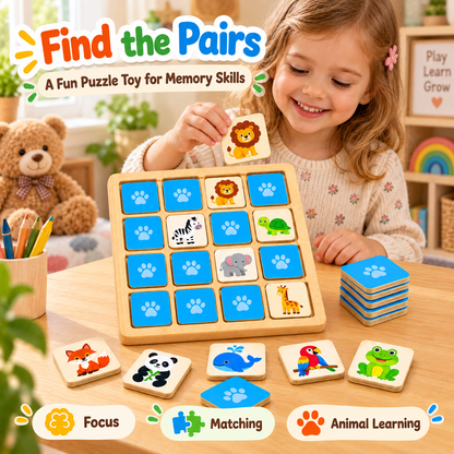 Wellssgreen Animal Memory Match Puzzle – Wooden Matching Game for Kids