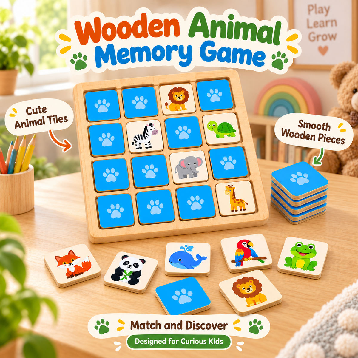 Wellssgreen Animal Memory Match Puzzle – Wooden Matching Game for Kids